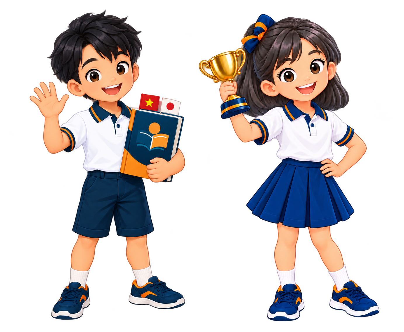 Hai mascot VietJuku với sách Việt–Nhật và cúp học tập